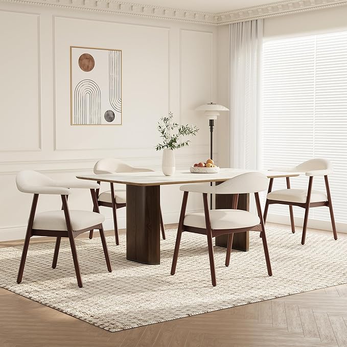 Wooden Dining Chair with Armrest Set of 4, Modern Fabric Upholstered Dining Room Chair with Curved Back and Wood Legs,Comfortable Accent Chairs for Kitchen Dining Room,Beige