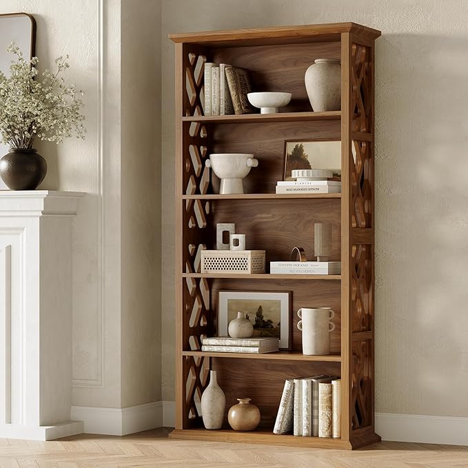 LITTLE TREE Wooden Bookshelf, Farmhouse 5-Shelf Bookcase, 70.9" Bookshelves and Bookcases, Office Bookshelf for Living Room, Bedroom, Kitchen, Home Office, Vintage Openwork Design, Rustic Brown