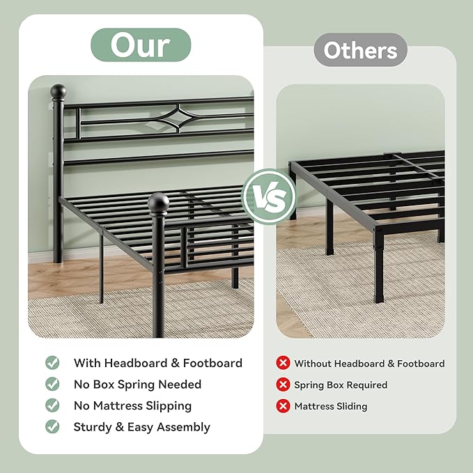 BedsPick Full Bed Frame with Headboard and Footboard, Metal Platform Bed Frame with Round Corner Ball, 1200 LBS Heavy Duty Steel Slats Support, No Box Spring Needed/Noise-Free/Easy Assembly, Black