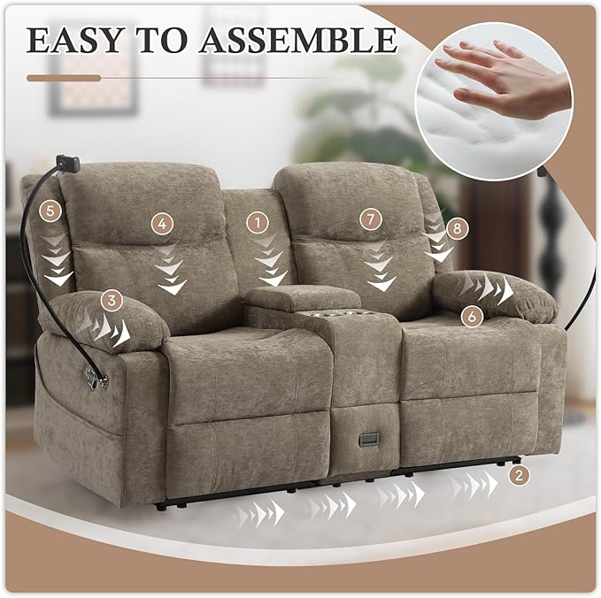 Manual Reclining Loveseat Sofa with Console, Chenille Upholstered Couch for RV, Living Room, Apartment or Office, Dual Recliners with Cup Holders, Phone Holder, Hidden Socket (Camel) | Cup Holder, Side pocket