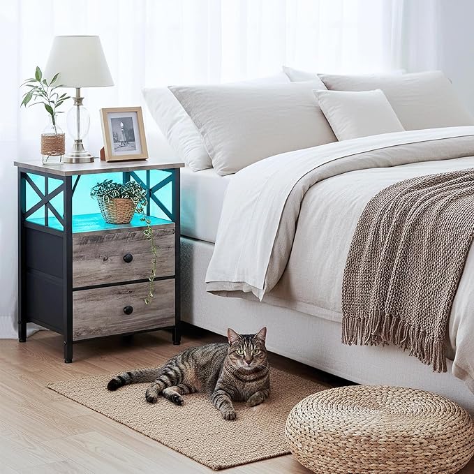 AMHANCIBLE Night Stand Set of 2 with Charging Station and LED Lights, Large 2-Drawer Bedside Tables with USB Ports and AC Outlets, Modern Nightstand for Bedroom, Grey, HET052LGY