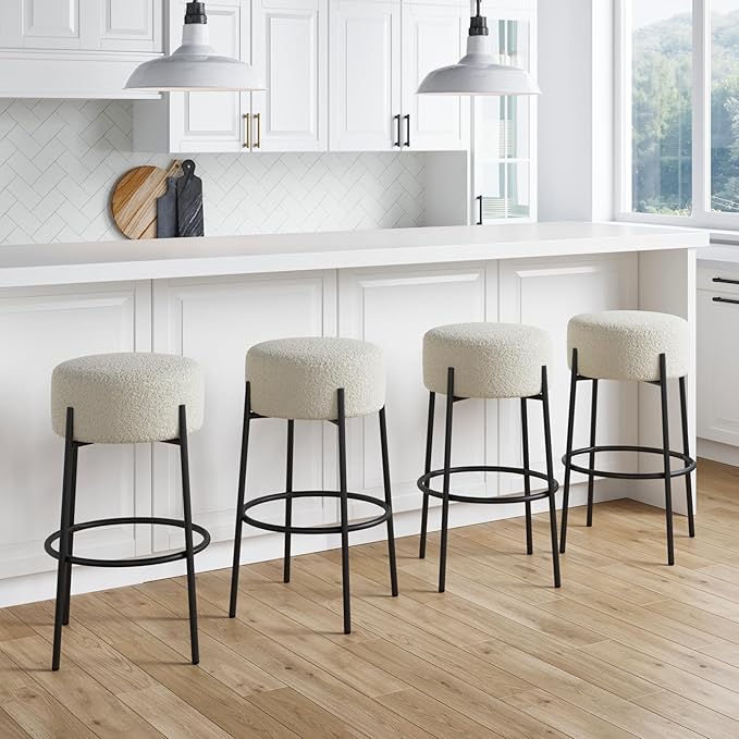 Nathan James Isaac 29" Modern Backless Bar Stool with Round Soft Padded Boucle Seat and Metal Mid-Century Base, Boucle White/Black, Set of 4