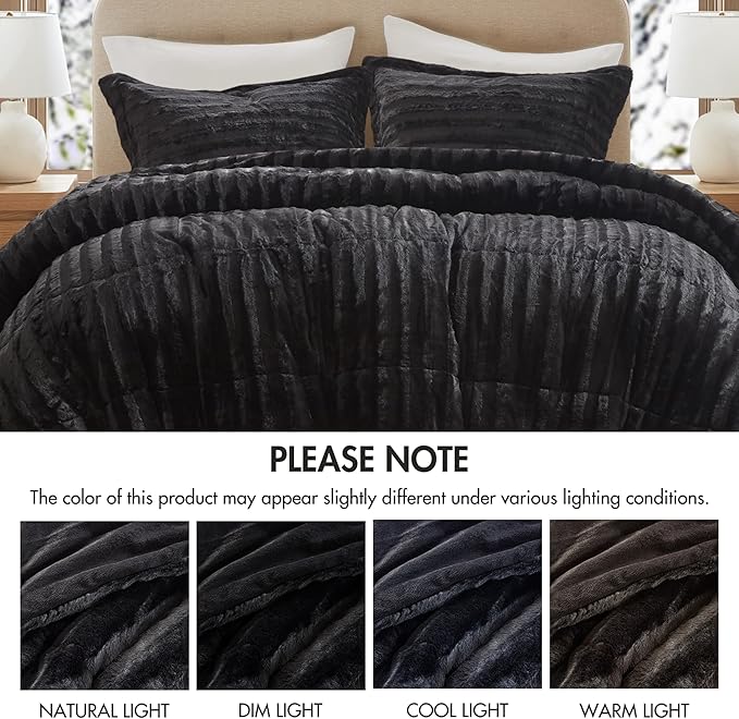 Madison Park Faux Fur Reversible Comforter Set, Down Alternative Filling, Modern Quilted Bedding with Matching Shams, King/California King, Black