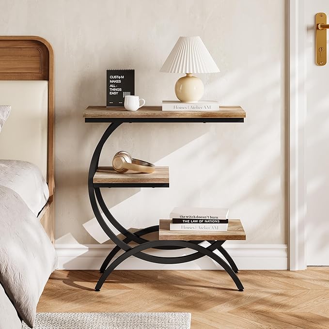 LITTLE TREE End Table, Narrow End Table with 3 Storage Shelves, Industrial C-Shaped Small Sofa Side Table for Living Room, Wood Slim Snack Table with Black Metal Frame, Oak