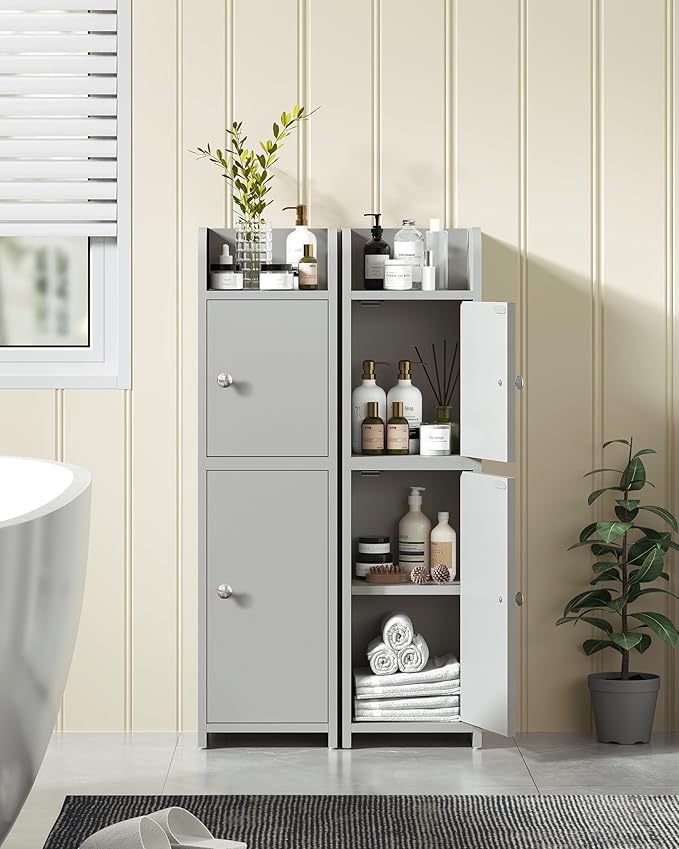 TEENFON Small Bathroom Storage Cabinet, Storage Cabinet with Doors and Adjustable Shelves, Corner Bathroom Cabinet, Narrow Cabinets for Small Spaces, Grey