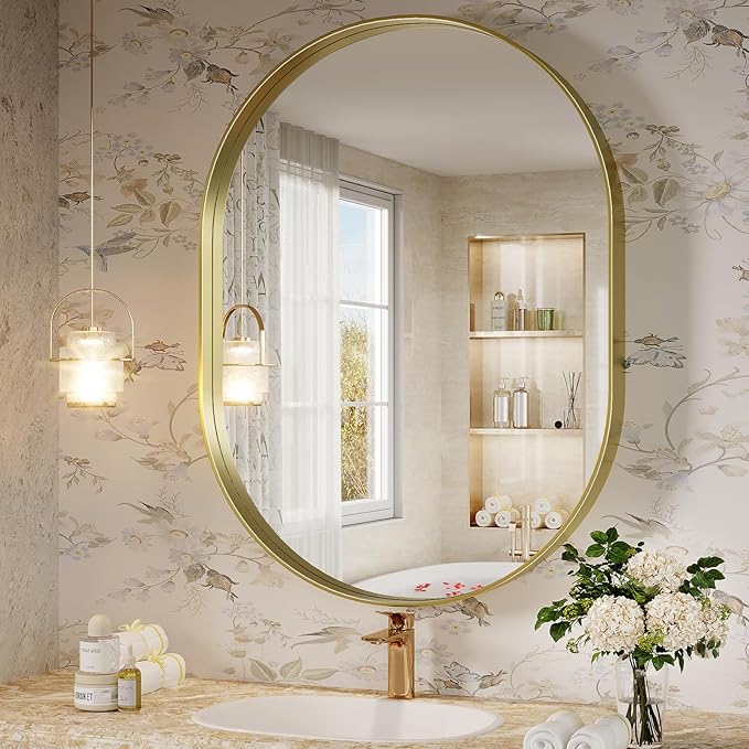 Oval Mirror, 24"×32" Gold Bathroom Mirror, Oval Mirror for Bathroom, Gold Vanity Mirror for Wall, Entryway, Living Room, Wall Mount Mirrors Hangs Vertical or Horizontal