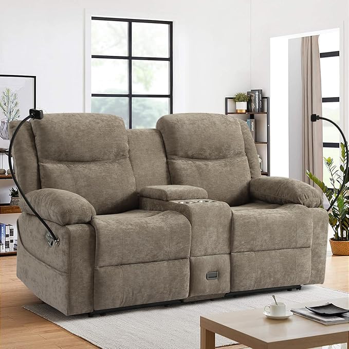 Manual Reclining Loveseat Sofa with 360°Adjustable Phone Holder, Center Console Storage with Type-C Charging & USB, Adjustable Headrest, Cupholders, Hidden Storage Drawer, Living Room (Linen Camel)