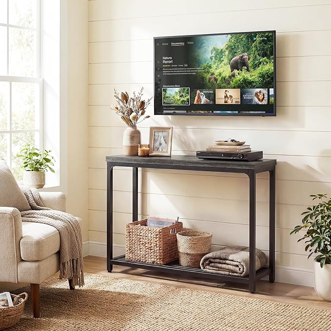 32" Small Console Table, 2-Tier Narrow Entryway Table, Sofa Table with Mesh Shelves, Console Tables for Living Room, Hallway, Entryway, Farmhouse Console Table with Storage, Oak Grey