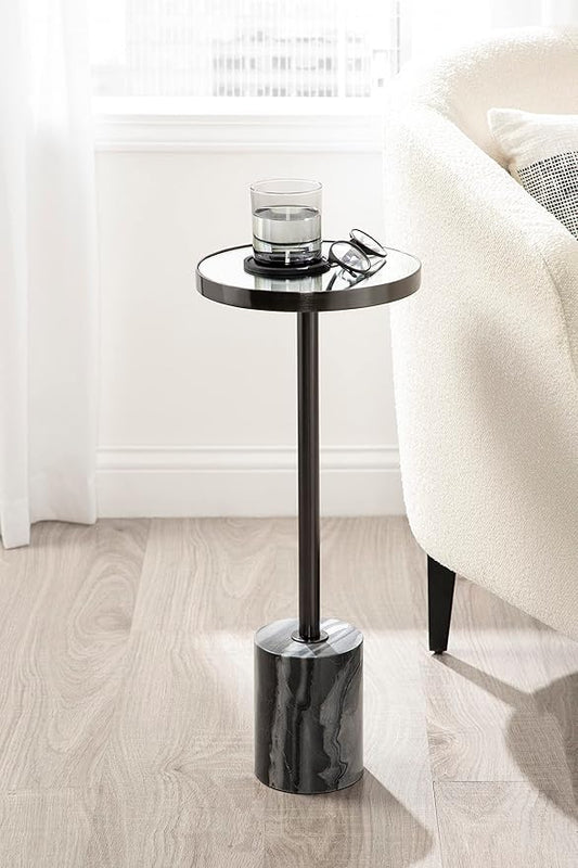 Kate and Laurel Hescott Modern Mirrored Drink Table; 10 x 10 x 24; Gray Marble and Gunmetal; Contemporary Round Accent Table with Premium Marble Base and Mirror Tabletop