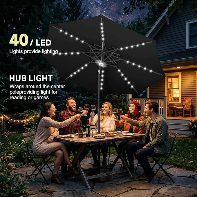 9FT Solar Umbrella Outdoor - 2-Tier Lighted Solar Patio Umbrella with 40 LED Lights Waterprool UV Protection, Table Umbrella with Tilt for Pool, Porch, Garden, Backyard (Black)