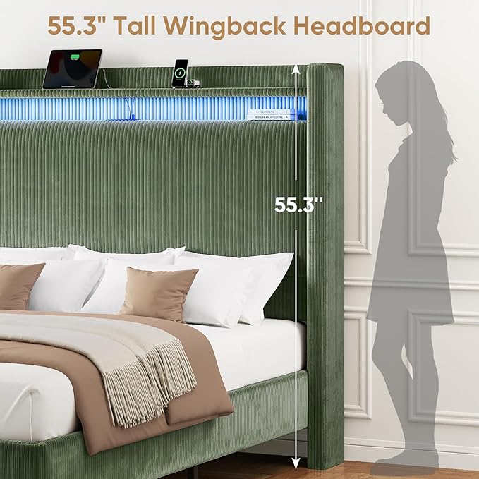 King Size Bed Frame with Tall Headboard, 55.3" Upholstered Platform King Bedframe with Wingback Storage Headboard, Charging Station & LED Lights, No Box Spring Needed, Wooden Slats, Corduroy, Green
