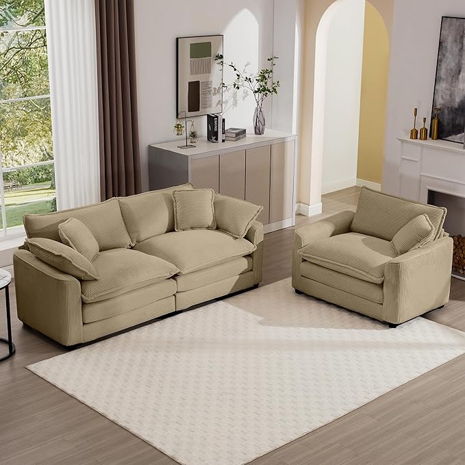 KEIKI 2-Piece Sofa Set with 1 Oversized Corduroy Loveseat Sofa & 1 Single Sofa, Upholstered 3-Seater Couch Set with 5 Pillow, High-Density Foam Cushions, Removable Armrests, for Living Room, Tan