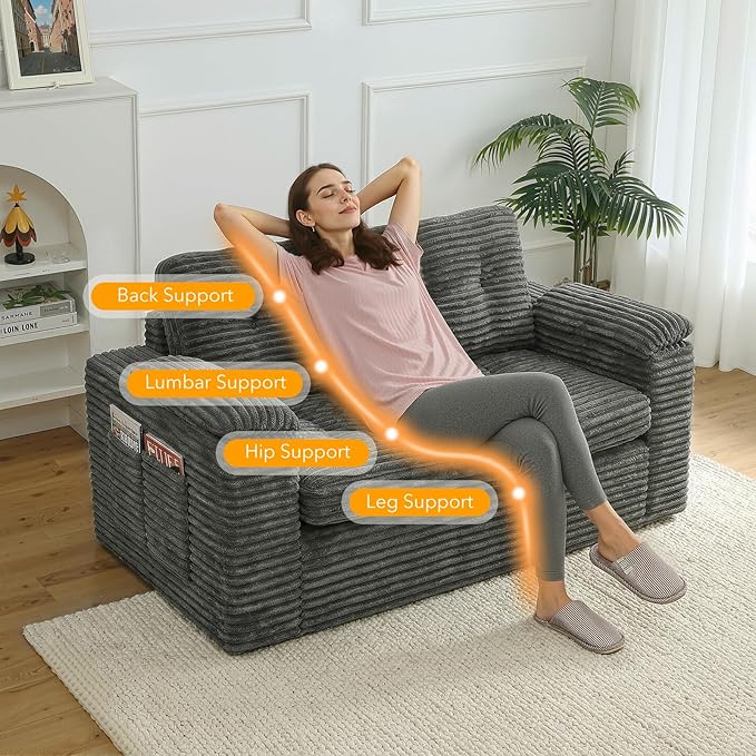 Loveseat Sofa, 58in Boneless Cloud Couch for Living Room 2 Seater Modern Lounge Sleeper Couch with Removable Cover Corduroy Sofa with Armrest Dark Grey
