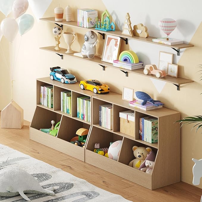 DINZI LVJ Toy Storage Organizer, Kids Bookshelf, Wooden Toy Storage Cabinet, 5 Cubby Children Bookcase, 43.3" L Toddler Book Shelf for Playroom, Living Room, Nursery, Hallway, School, Natural