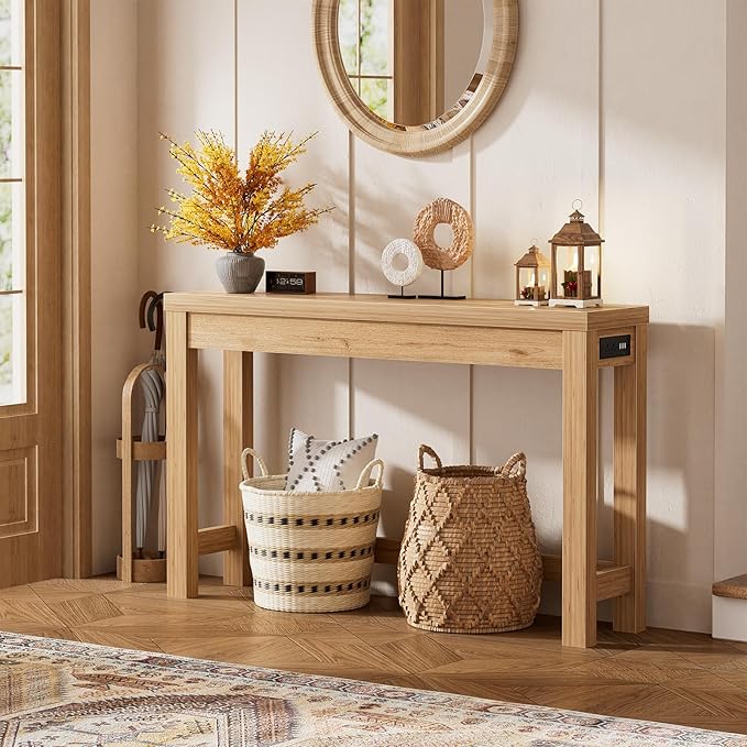 Cyclysio 47" Console Tables for Entryway, Narrow Console Tables for Living Room, Behind Couch Table, Sturdy Wood Support Hallway Table with 3AC+2USB Charging‌ Station, Natural Oak