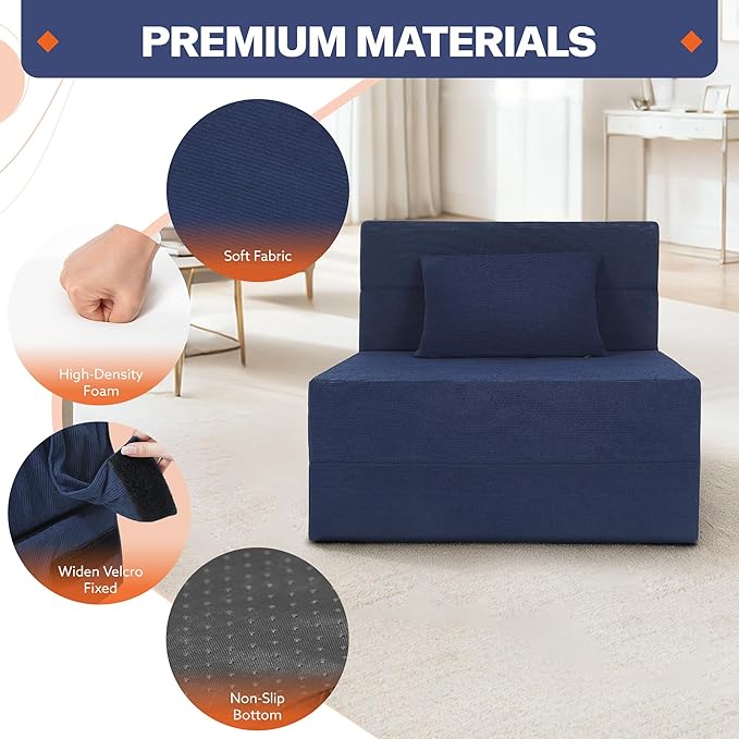 Fvkind Folding Sofa Bed, 4 in 1 Convertible Fold Out Single Chair Bed with Pillow, Memory Foam Futon Chair, Foldable Futon Couch, Foldable Sofa Mattress for Living Room, Bedroom, Guest Room, Blue