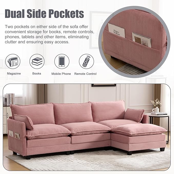 103" Oversized Modular Sectional Sofa Couch with Reversible Ottoman, Free Combination Convertible Corner Couch,Corduroy Upholstered Cloud Sectional Couch with Side Pockets | Multiple Cushions, DIY Combination, Removable Cover
