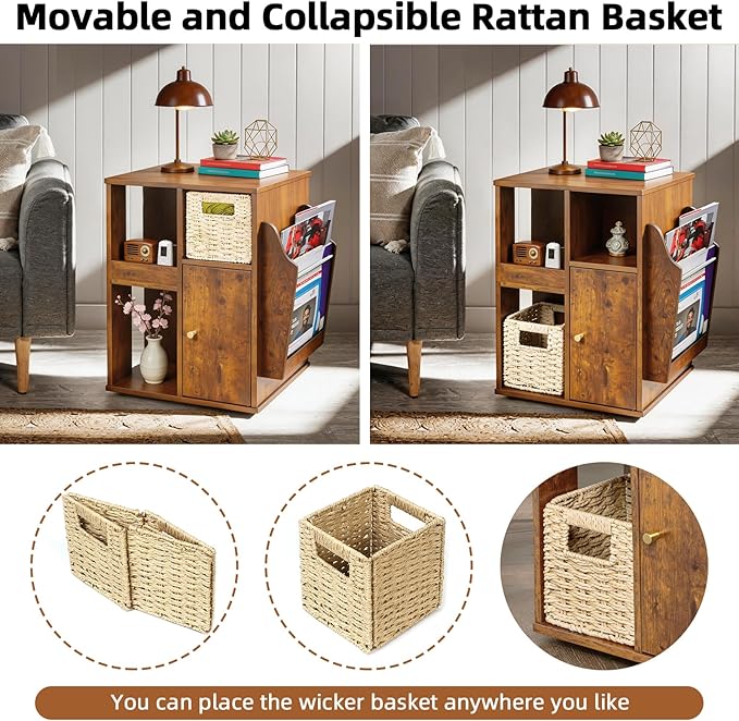 TooCust Rotating End Table with Storage, Square Rotating Side Table Living Room, Side Table with Magazine Holder, Basket and Cabinet, Swivel End Table with Multiple Storage (Rustic Brown)