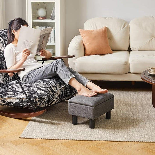 Linen Small Ottoman Foot Rest, Foot Stools with Storage Small, Upholstered Rectangle Wood Ottoman with Safety Hinge Flip Top, Bed Stool for Bedroom Dorm Light Gray YD-JD1364