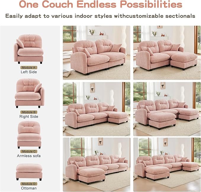 KEIKI 74" L-Shaped Oversized Chenille Modular Sectional Loveseat Sofa with 1 Ottoman, High-Density Foam Cushions, Tufted Pleated Cushion Backrest, 2-Seater Couch with 2 Pillow, for Living Room, Pink