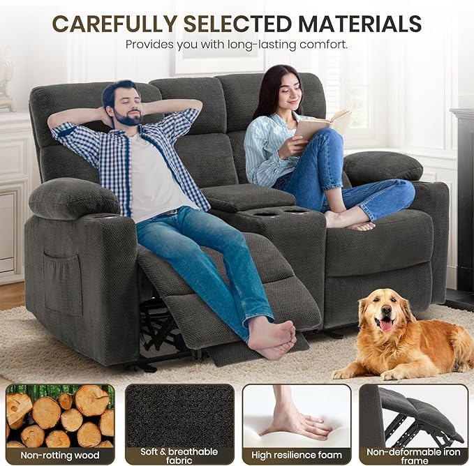Power Reclining Loveseat with Console, Power Loveseat Recliner Sofa with Heat and Massage, Extended Footrest, Wall Hugger RV Reclining Couch with Cup Holders, Lumbar Support for Living Room