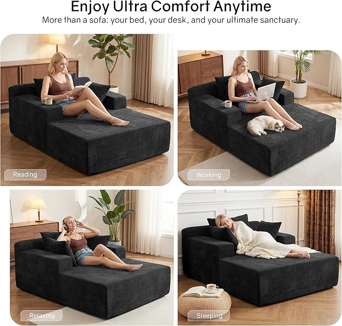 66" Chaise Lounge Chair Indoor, Oversized Boneless Lounge Chair with 3 Pillows, Chenille Cloud Reading Chair for Living Room Bedroom, Deep Seat Sleeper Couch, No Assembly Required | Breathable material