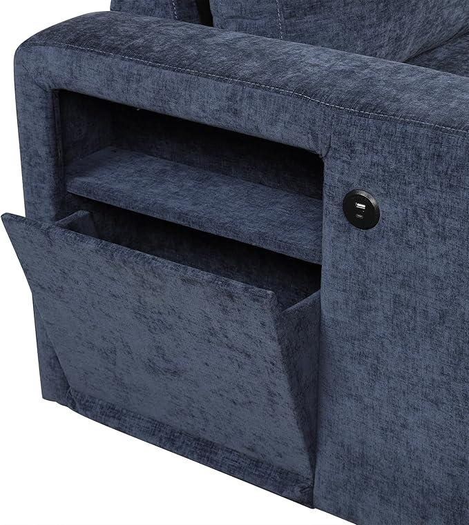 90.6" L-Shaped Modular Padded Cloud Sectional Fabric Sofa Set with Pull Out Bed, Convertible Sectional Couches w/Storage Space and USB Ports & Cup Holders on The Armrests,for Living Room,Blue