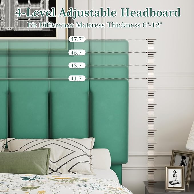 VECELO Full Size Bed Frame with Upholstered Headboard, Heavy-Duty Bedframe with Wooden Slats & Steel Framework, Easy Assembly, Dark Green