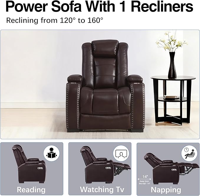 THSUPER Brown Leather Power Theater Recliner Chair with Arm Storage and LED Lights, Reclining with Power Headrest and Cup Holders for Living Room Furniture. Brown Chair