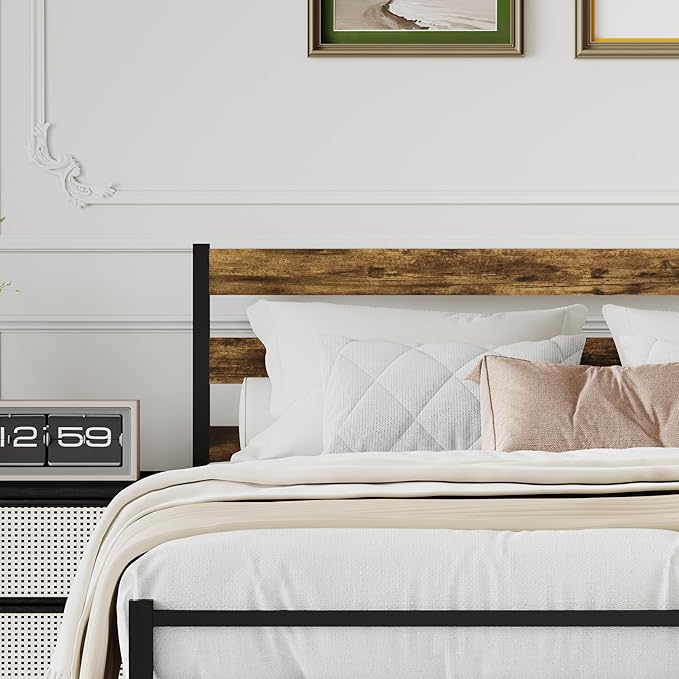 Metal Platform Queen Bed Frame with Headboard, Queen Size Bed Frame 59.8W x 82.7L x 36.2H inches, Wood and Faux Leather, Walnut (Walnut Colour, Queen)