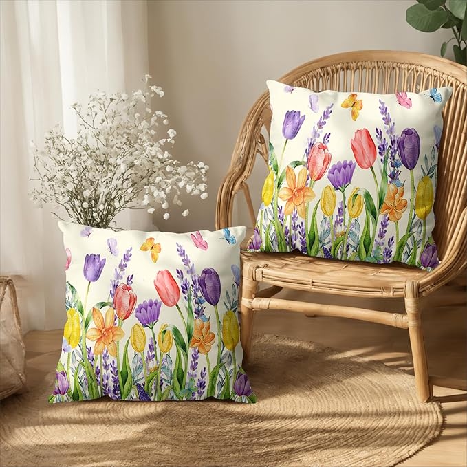 Spring Tulip Floral Pillow Covers 22x22 Set of 2 Watercolor Lavender Daffodils Flowers Throw Pillows Summer Outdoor Farmhouse Pillow Case for Couch Home Sofa Bed Decor