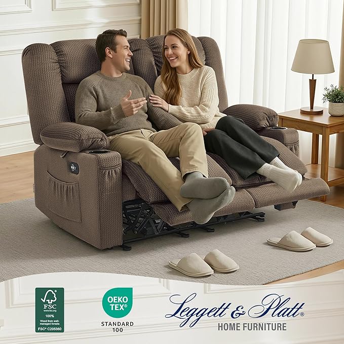 MCombo 55.9" Zero Gravity Power Loveseat Recliner with Heat and Vibration Massage, Reclining Loveseat Sofa with USB Ports, Cup Holders for Living Room, Fabric PR648SET (Dark Brown)