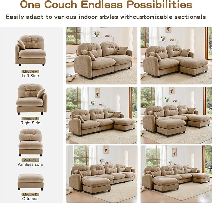 KEIKI 107" Oversized Chenille Modular Sectional Sofa with High-Density Foam Cushion and Tufted Pleated Cushion Backrest, Upholstered Modern 3-Seater Cloud Couch with 2 Pillow, for Living Room, Camel