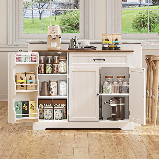 Gizoon Kitchen Coffee Bar Cabinet with Storage Kitchen Sideboard Buffet Cabinet with Drawers, Short Pantry with Door and Shelves for Bathroom and Living Room, White and Rustic