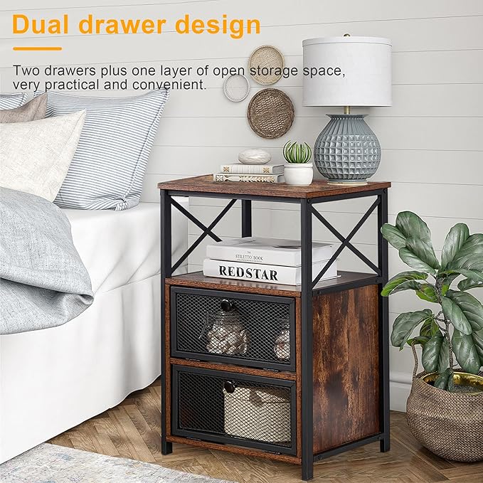 VECELO Nightstand Set of 2, End Table with Flip Drawer, Modern Night Stand for Bedroom,Living Room, Office, Easy Assembly, Amber Brown