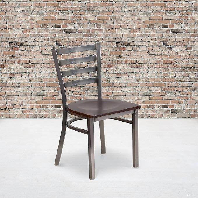 Flash Furniture HERCULES Series Clear Coated Ladder Back Metal Restaurant Chair - Walnut Wood Seat