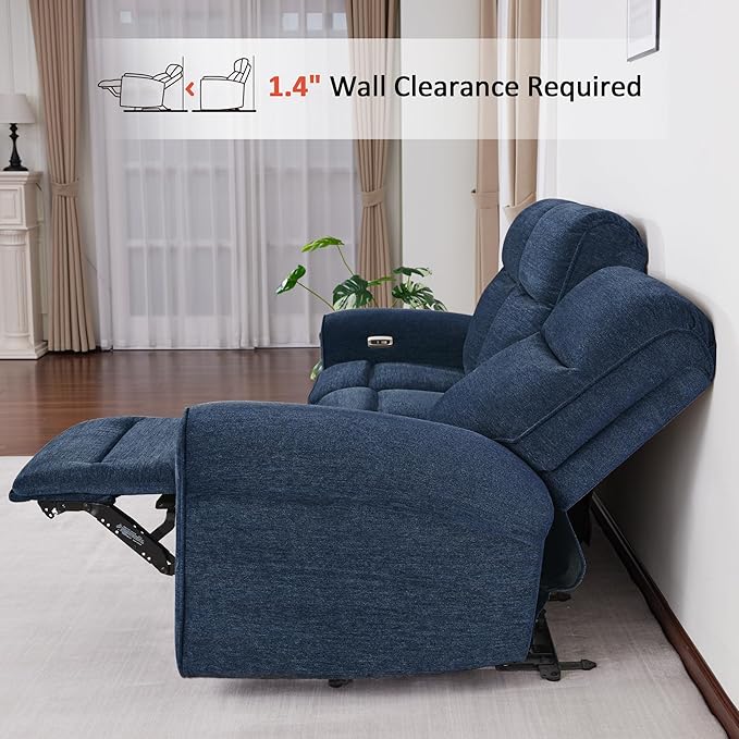 MCombo 87.8" Wall Hugger Power Reclining Sofa, 3-Seat Triple Recliner Couch with USB Ports, Rolled Arm Space Saving Recliner Sofa for Living Rooms Apartments RV, Fabric PR635M5 (Navy Blue) | 1.4" Wall Clearance