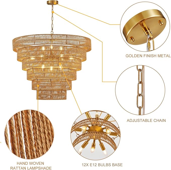 31.5” Large Boho Rattan Chandelier Light Fixture, 12-Light Golden Hand Woven Chandeliers 6-Tier Vintage Farmhouse Wicker Gold Chandelier for Dining Room, Kitchen, Bedroom, Living Room, Foyer