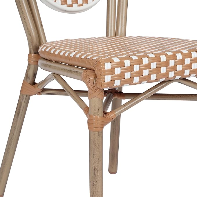 Flash Furniture Lourdes Indoor/Outdoor Commercial Thonet French Bistro Stack Chair - NAT/White PE Rattan Back and Seat - Light Natural Bamboo Print Metal Frame - 2 PK