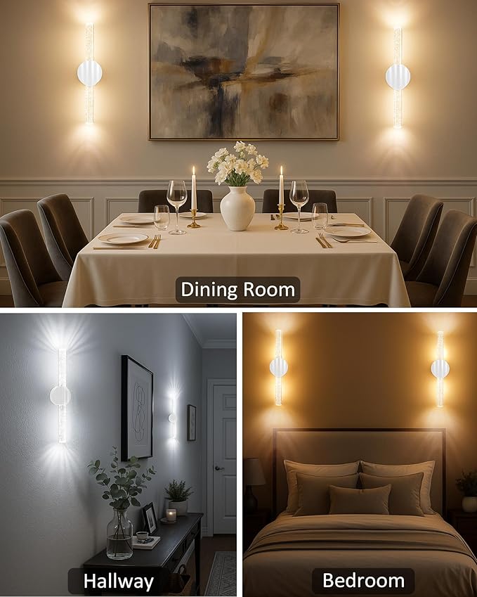 White Rechargeable Wall Sconces Set of 2, White Battery Operated Wall Sconce Set with Remote & Touch, Wireless Wall Sconces Set of Two for Bathroom Bedroom Living Room Decor