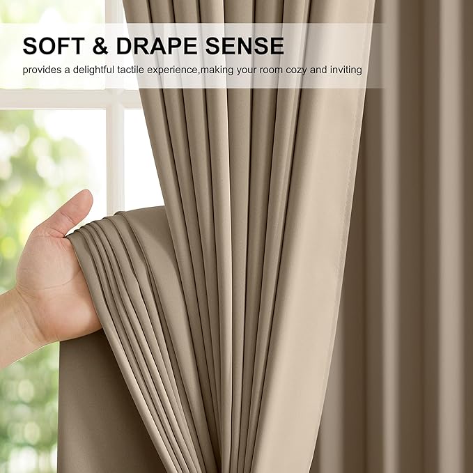 NICETOWN 100% Blackout Curtains for Living Room, Taupe W52 x L84 Set of 2 Light Blocking & Soundproof Drapes,Rod Pocket Black Lined Window Treatment Panels for Patio Sliding Glass Door