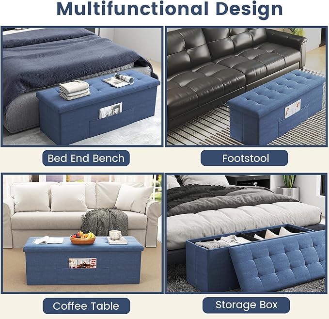 Giantex Storage Ottoman Bench, 43"L Folding Foot Rest Storage Chest with Side Pocket, Divider, Padded Seat Shoe Bench for Living Room Bedroom Hallway Entryway End of Bed (Navy)