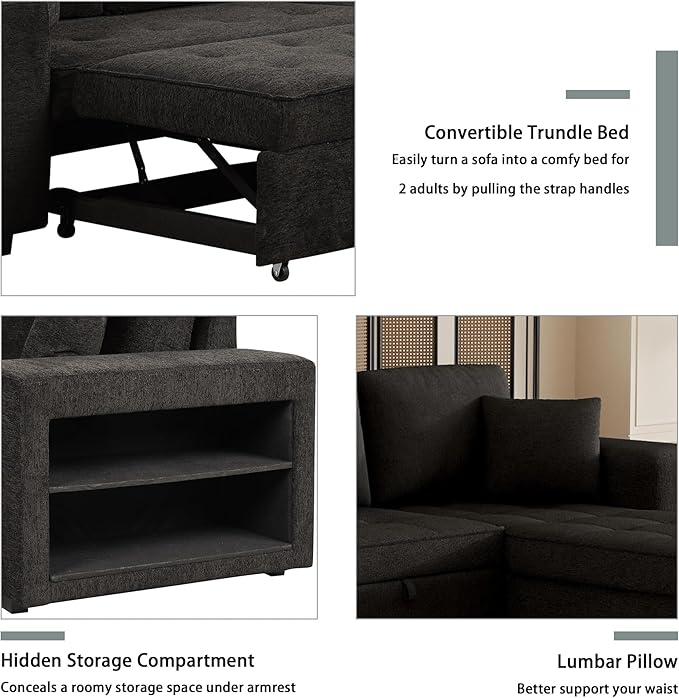 Merax 3 Seat Reversible Sectional Couch, Modern L-Shape Pull Out Sleeper Sofa with Storage Chaise and 2 Stools for Living Room Furniture Set, Gray