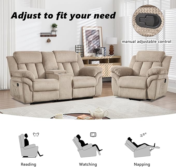 CANMOV Recliner Sofa Set,2 Oversize Power Lift Recliner Chair and Manual Loveseat with Overstuffed Armrest for Living Room,Bedroom Furniture,Office,1+1+2 Seat Light Brown