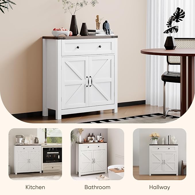 Semiocthome Farmhouse Sideboard Buffet Cabinet with Storage and Adjustable Shelf, Accent Table with Barn Door, Storage Cabinet for Kitchen, Dining Room, Bathroom, Entryway - White