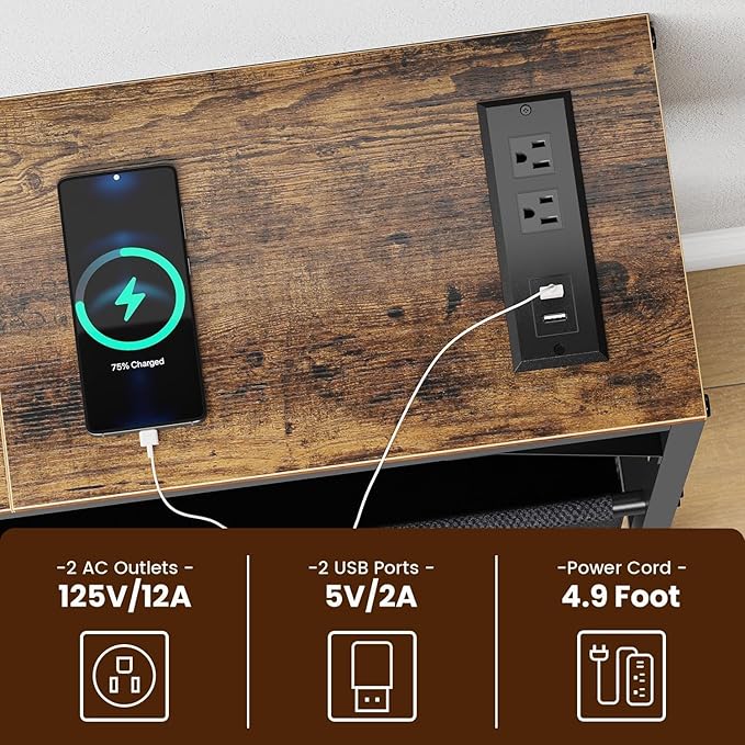 31.5" Console Table, 9.5" D Entryway Table with Power Outlets & USB Ports & Fabric Basket, Narrow Sofa Table for Hallway, Foyer, Living Room, Rustic Brown