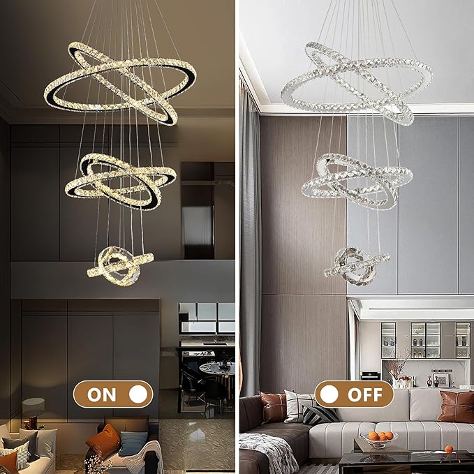 Modern Crystal Chandelier for High Ceiling Lights Fixtures Luxury 6 Ring Led Chandelier for Dining Room Big High Ceilings Foyer Chandeliers for Living Room Entryway Staircase, D8"-12"-16"-20"-24"-28"