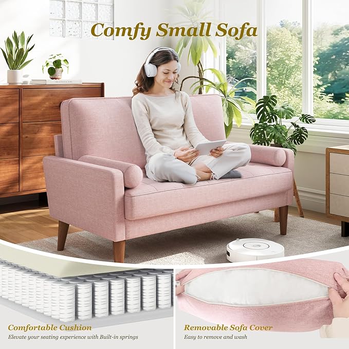 Vesgantti Loveseat Sofa with Solid Wood Legs, 48" Small Couches for Small Spaces, Love Seat for Living Room, Bedroom, Easy Assembly Mid Century Modern Couch with Throw Pillow for Apartment, Pink