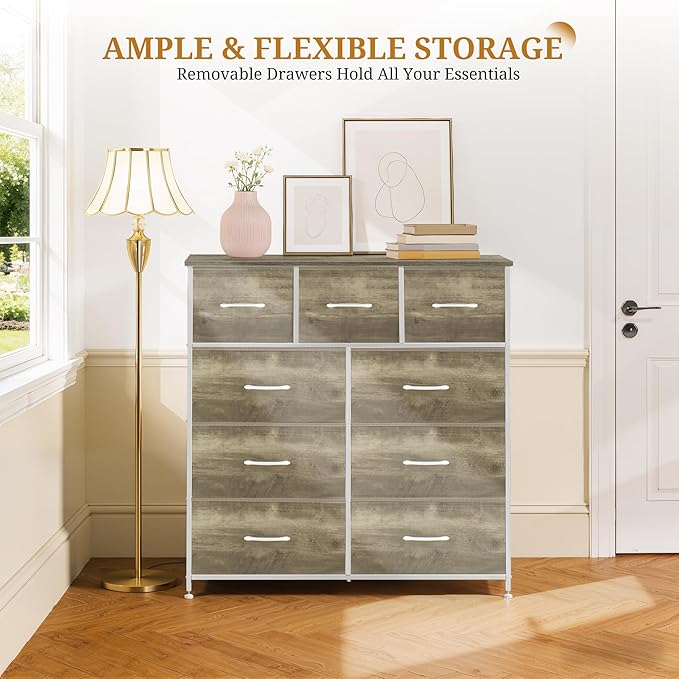 Dresser with 9 Drawers for Bedroom, Fabric Clothes Cabinet for Closet, Anti-Tip Storage Dresser with Metal Frame for Living Room, Entryway, Dorm, Greige Oak