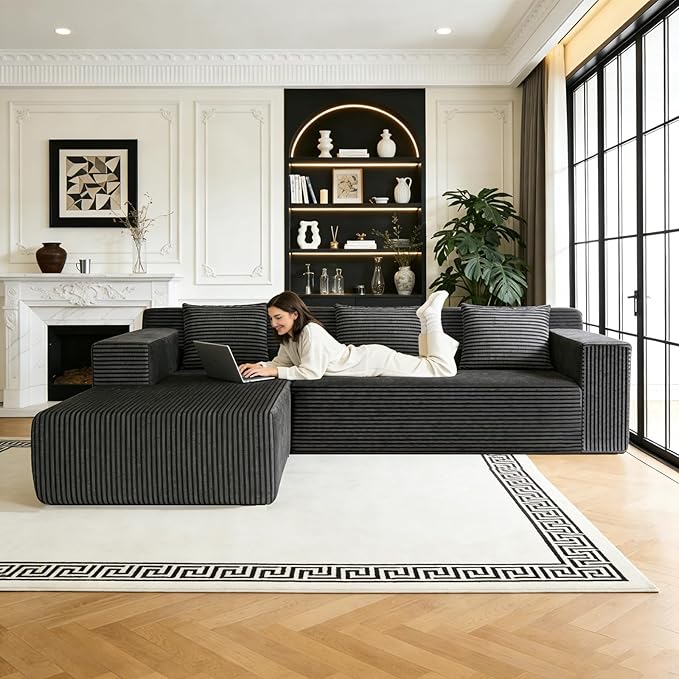 HonTop 103” Modular Sectional Sofa L-Shaped Cloud Couch, Boneless Comfy Corduroy Sofa with Deep Seat, Modern Minimalist Upholstered Couches, No Assembly Required for Living Room Bedroom, Dark Grey | Friendly Size, Flexible Modular, Family Pet-Friendly,...